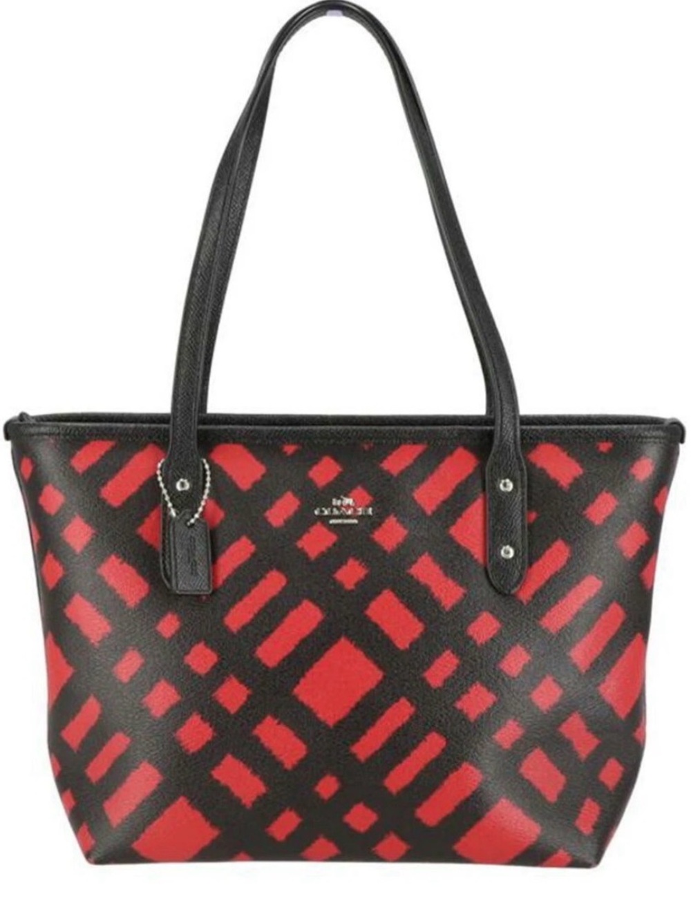Coach Wild Plaid Tote top zip Red/Black 12x8x4” (F22246) - EUC